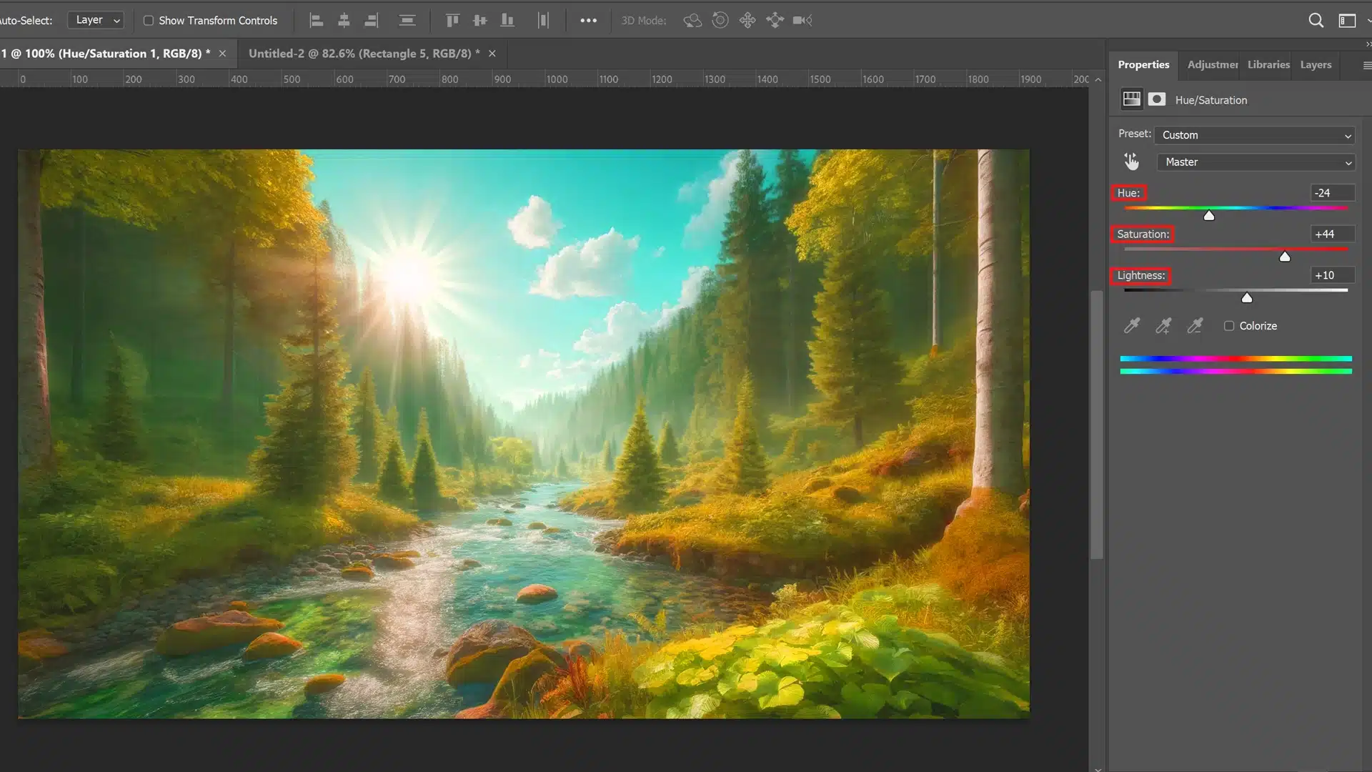 Adobe Photoshop with a forest landscape on the canvas. The 'Hue/Saturation' adjustment panel is open on the right, showing settings for Hue (-24), Saturation (+44), and Lightness (+10).