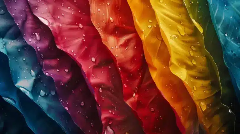 Colorful layered fabric with water droplets
