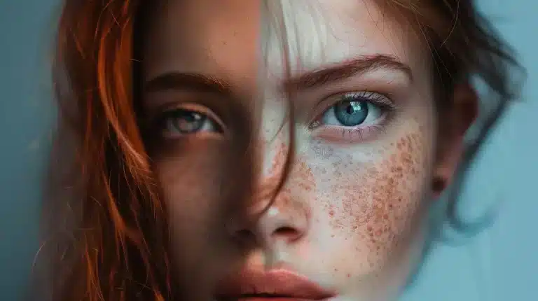 Close-up portrait of a woman with red hair and freckles, showcasing detailed skin retouching and adjustments in Photoshop.