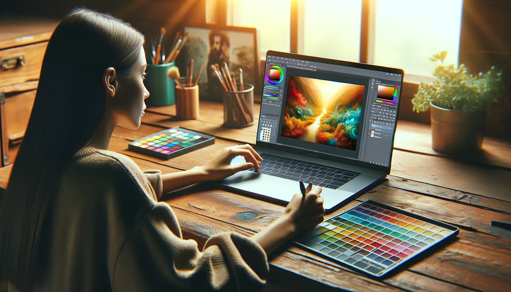 A girl sitting at a wooden desk using Adobe Photoshop on her laptop to edit a colorful landscape photo. The creative workspace is bathed in warm natural light, with a color checker and palette beside her.