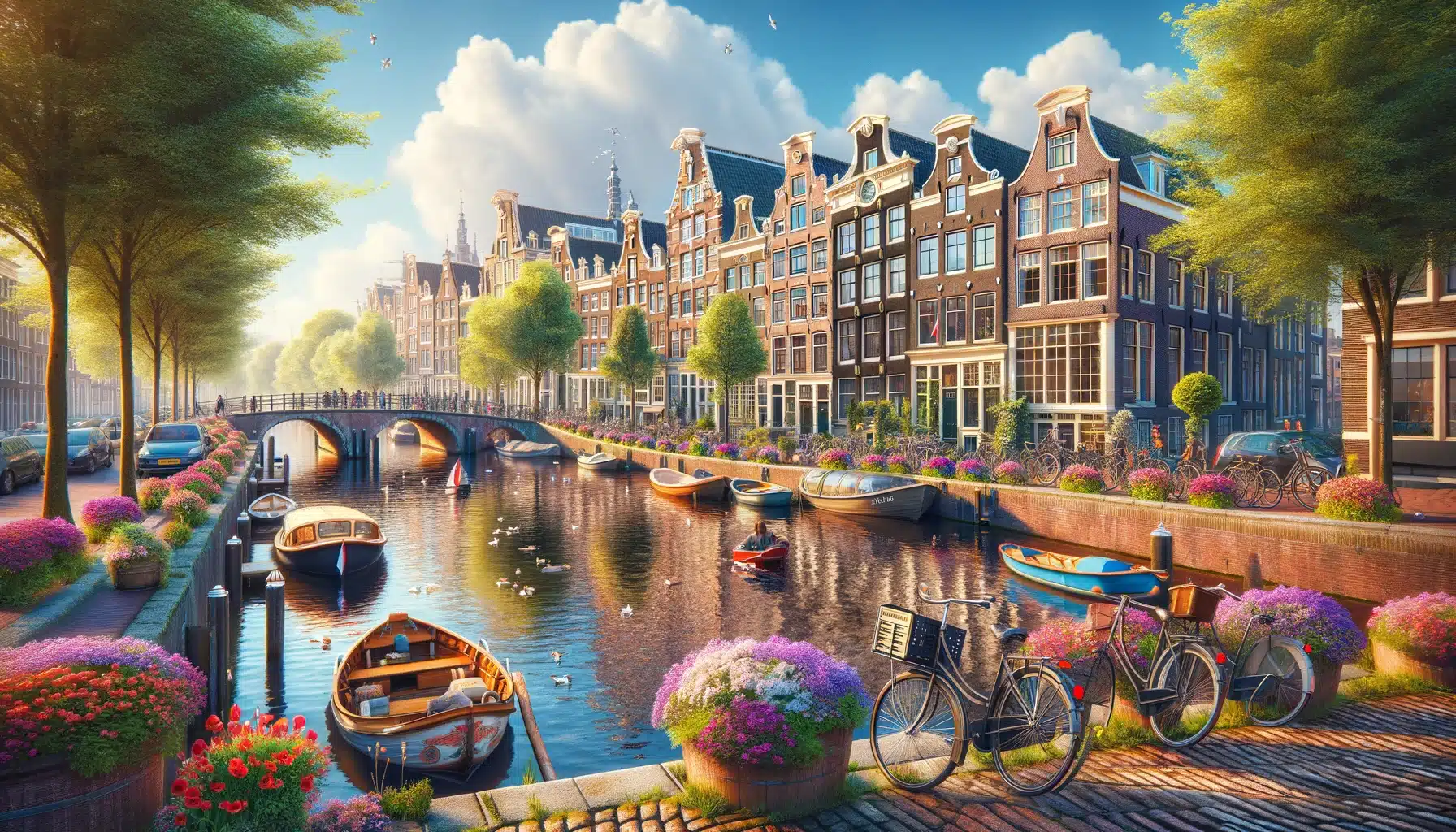 Scenic view of Amsterdam's canals with historic Dutch houses, vibrant flower beds, bicycles, and boats under a sunny sky with fluffy clouds.