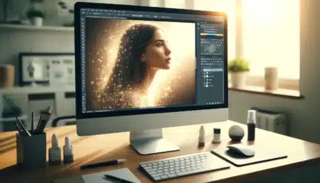Desktop setup with a computer screen displaying Photoshop, applying sparkle effects to a portrait. The workspace is bright and organized, with Photoshop tools and layers panel visible, highlighting the brush settings for creating sparkle effects. Natural light streams in from a window.