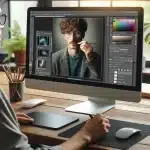 "A designer working in Adobe Photoshop using the Select Subject tool to select the main subject in an image. The screen shows the Photoshop workspace with the Select Subject tool automatically selecting the main subject."