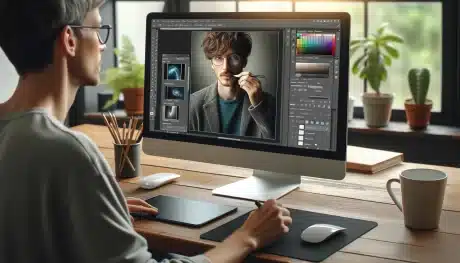 "A designer working in Adobe Photoshop using the Select Subject tool to select the main subject in an image. The screen shows the Photoshop workspace with the Select Subject tool automatically selecting the main subject."