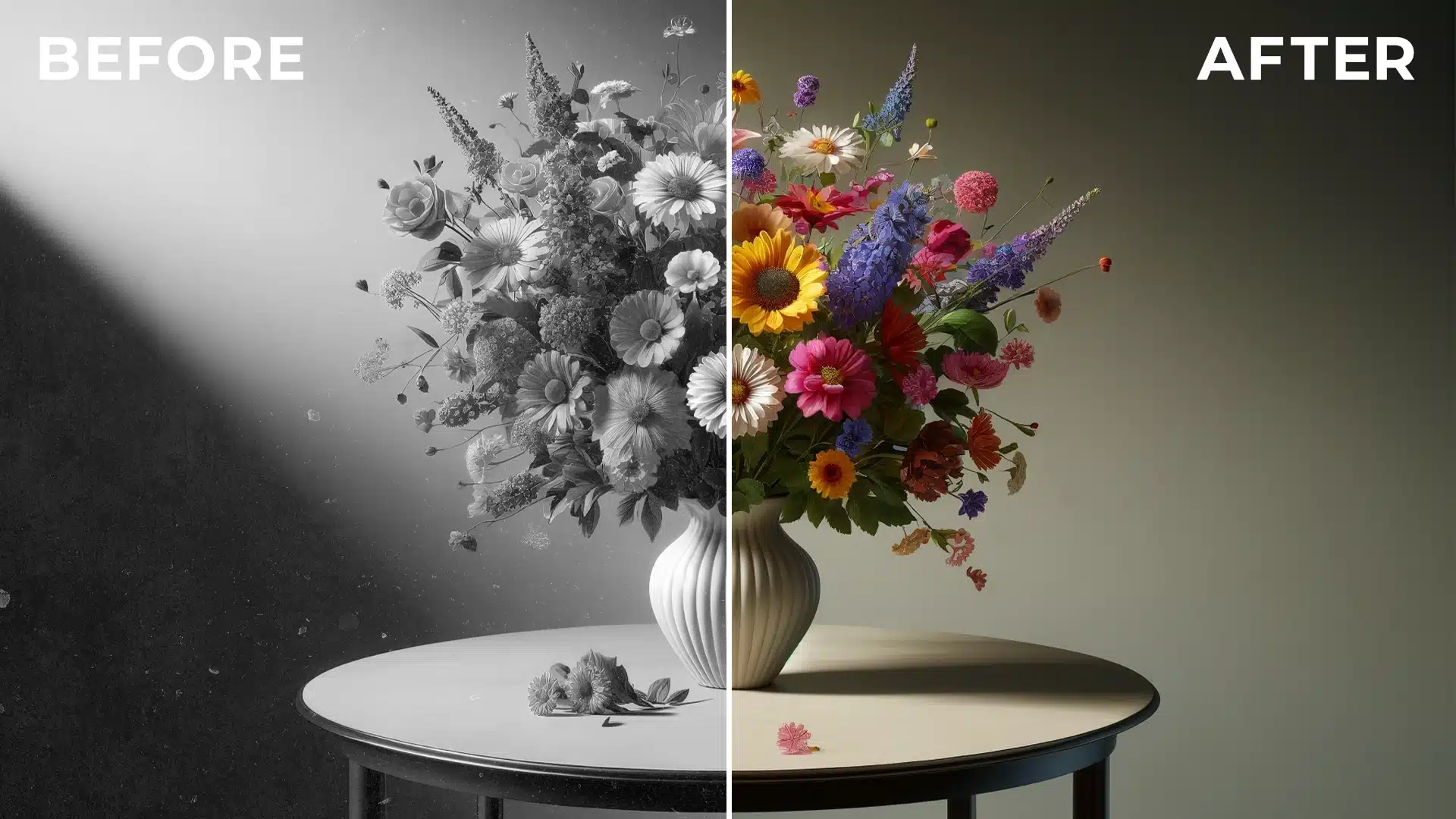 A before and after comparison photo of a bouquet on a table, with the left half in black and white and the right half in vibrant color.
