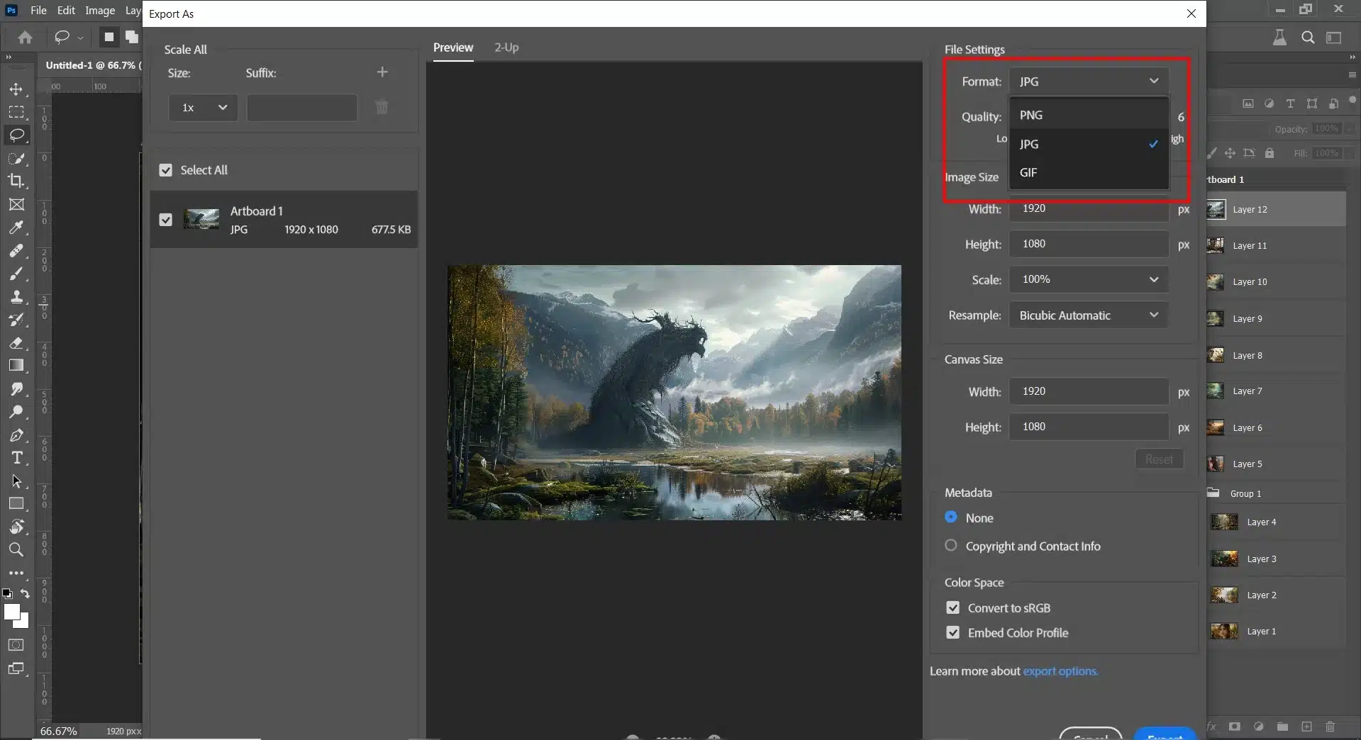 A Photoshop PSD file format workspace with multiple layers and tools for a detailed digital painting.
