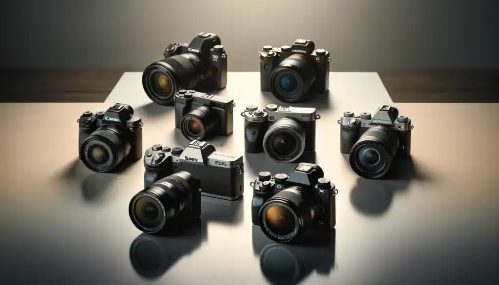A selection of budget-friendly mirrorless cameras arranged on a clean studio table, including models resembling Canon EOS R50, Sony Alpha ZV-E10, Panasonic Lumix G100, Fujifilm X-T30 II, and Olympus OM-D E-M10 Mark IV.
