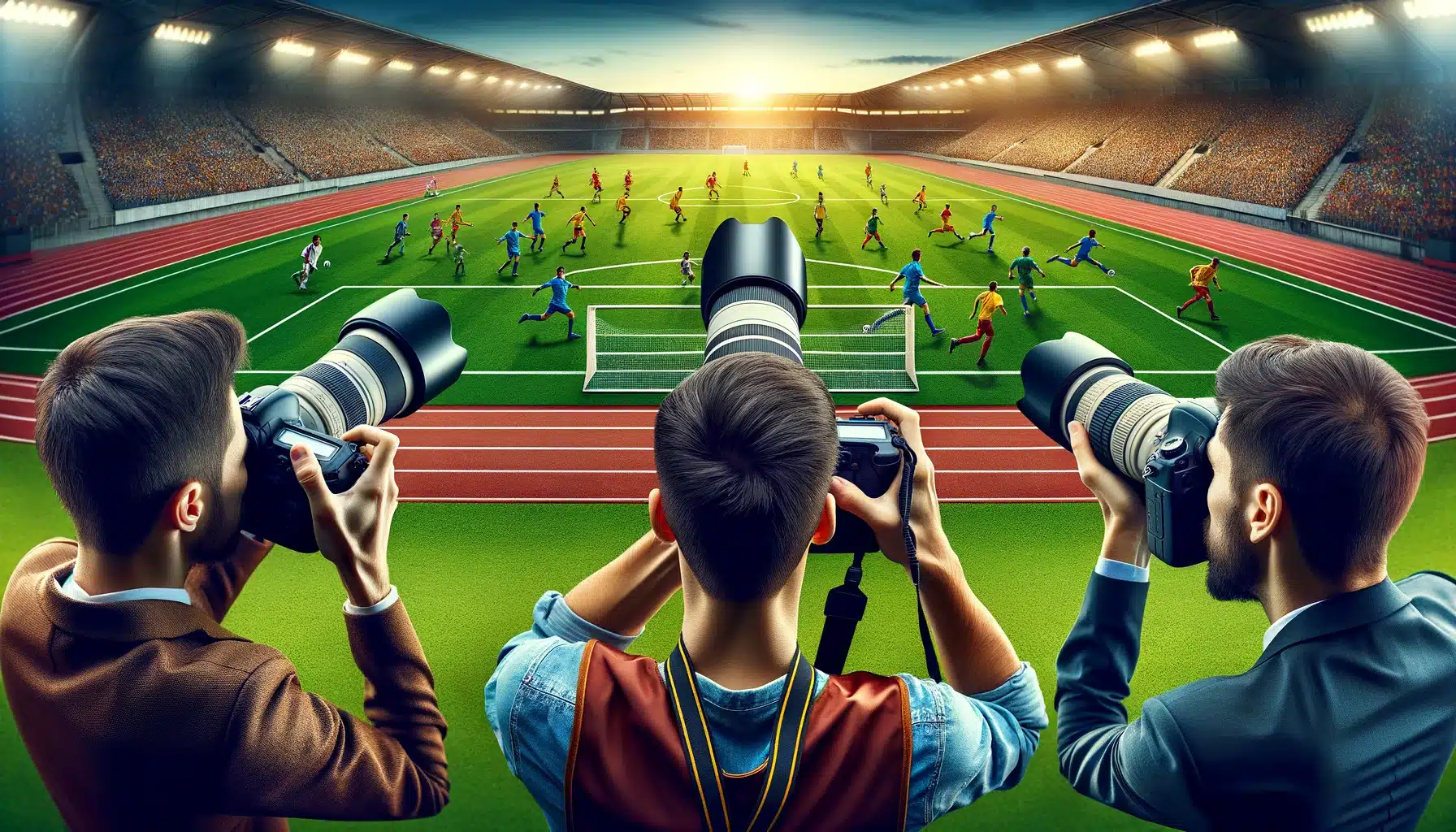 Three photographers at a sports event, utilizing different angles and lenses, exemplify sports photography and sports photography tips.