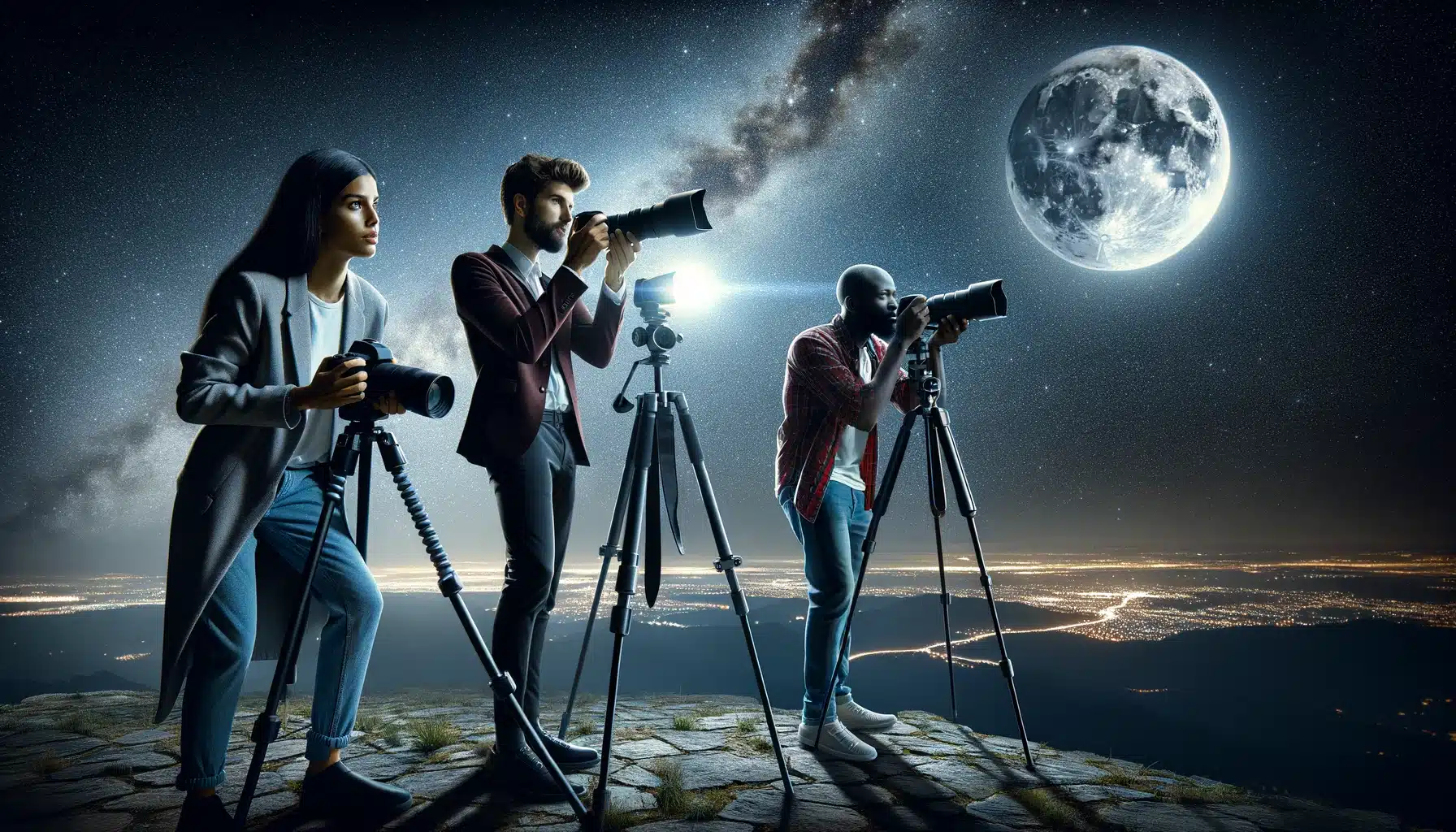 Three diverse photographers using long exposure techniques to capture the moon and stars at night from a high vantage point.