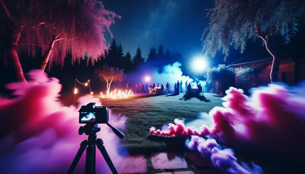 Long exposure photography of vibrant smoke at a night event