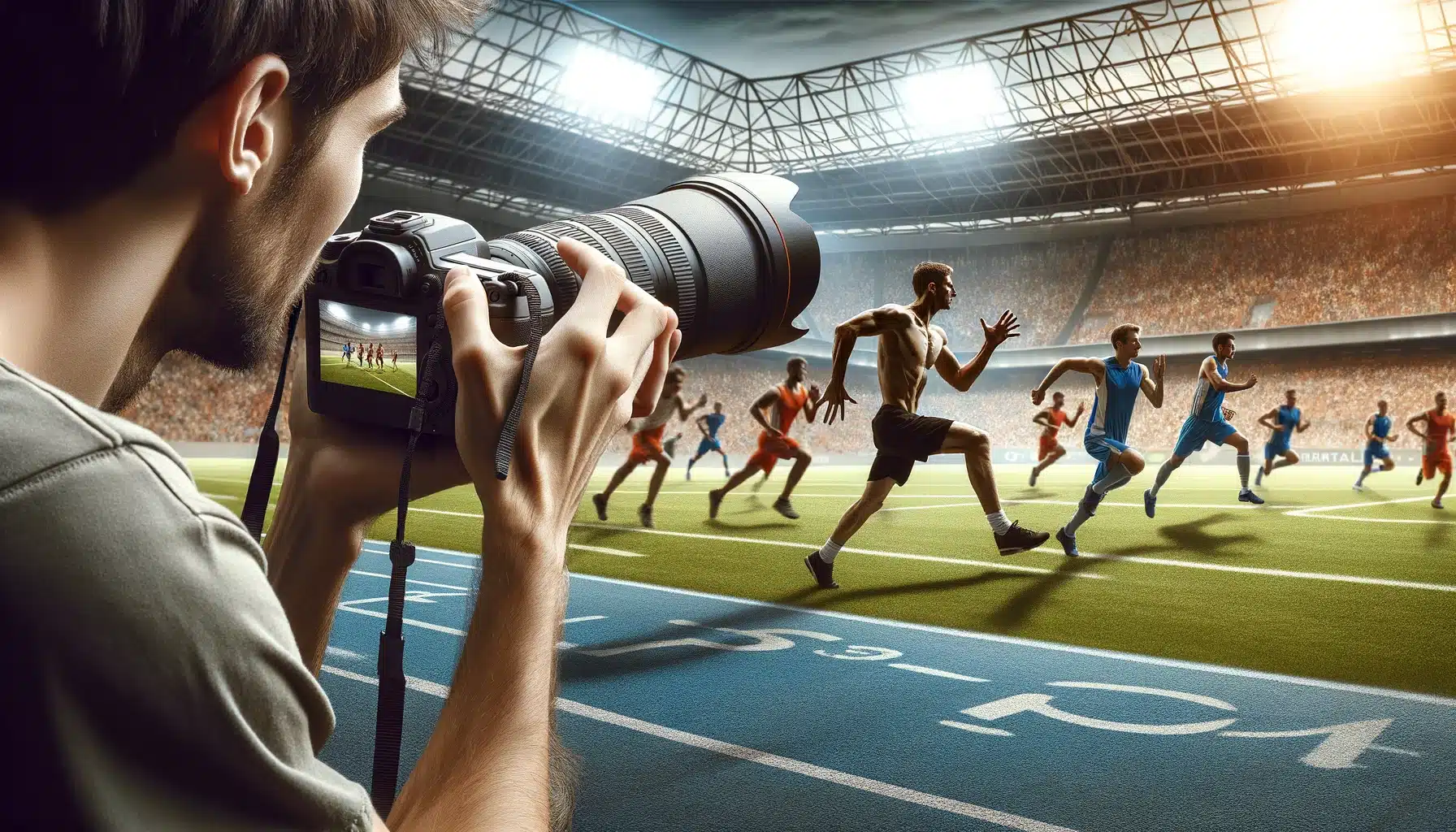 Photographer at sports ground capturing action, illustrating sports photography tips for beginners.