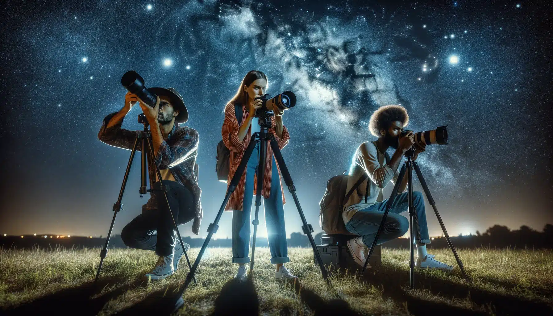 Three photographers, a Hispanic male adjusting his lens, a Caucasian female reviewing camera settings, and an African male looking through his viewfinder, capture the starry night sky in a dark night, each using tripods and specialized settings to photograph the celestial scene.