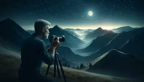 Professional photographer using a tripod-mounted camera at night to capture long exposure shots of a mountain landscape under a starlit sky.