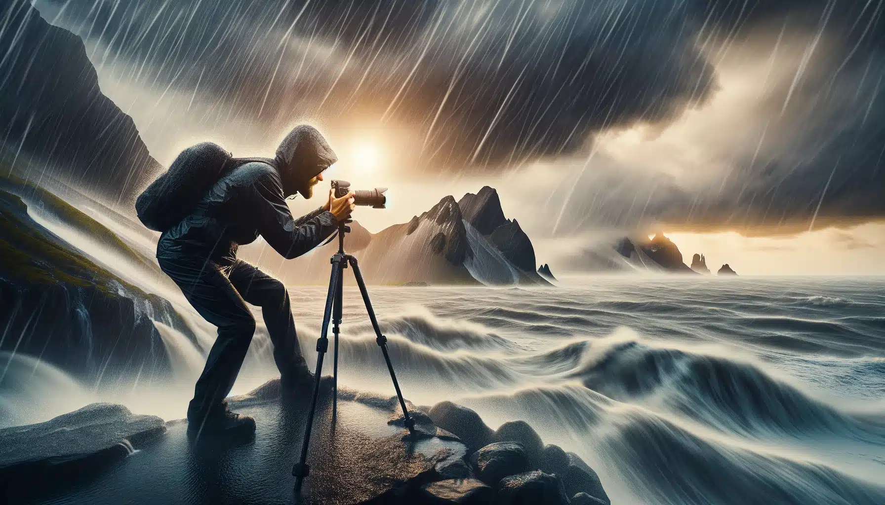 Photographer adjusting camera on a tripod in difficult weather conditions with a dramatic landscape in the background