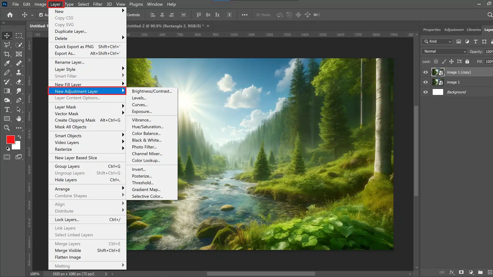 Adobe Photoshop with a serene forest landscape displayed on the canvas. The 'Layer' dropdown menu is open, and 'New Adjustment Layer' is highlighted with the sub-menu visible.