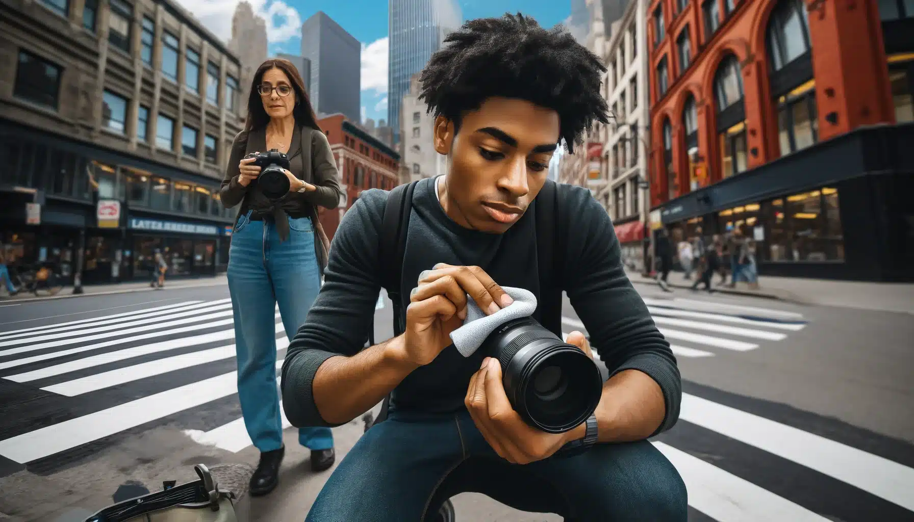 A young Black male meticulously cleans a camera lens on a bustling city street while a middle-aged Hispanic female captures photos, demonstrating how to clean camera lenses effectively in urban environments.