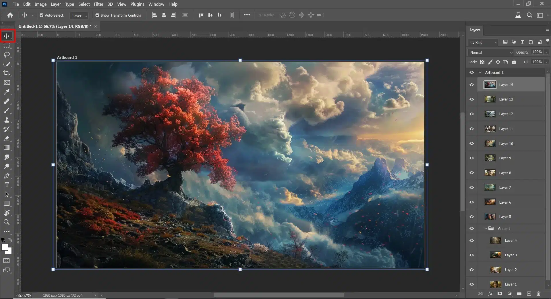 Photoshop interface with the Move Tool selected and a layer highlighted in the Panel