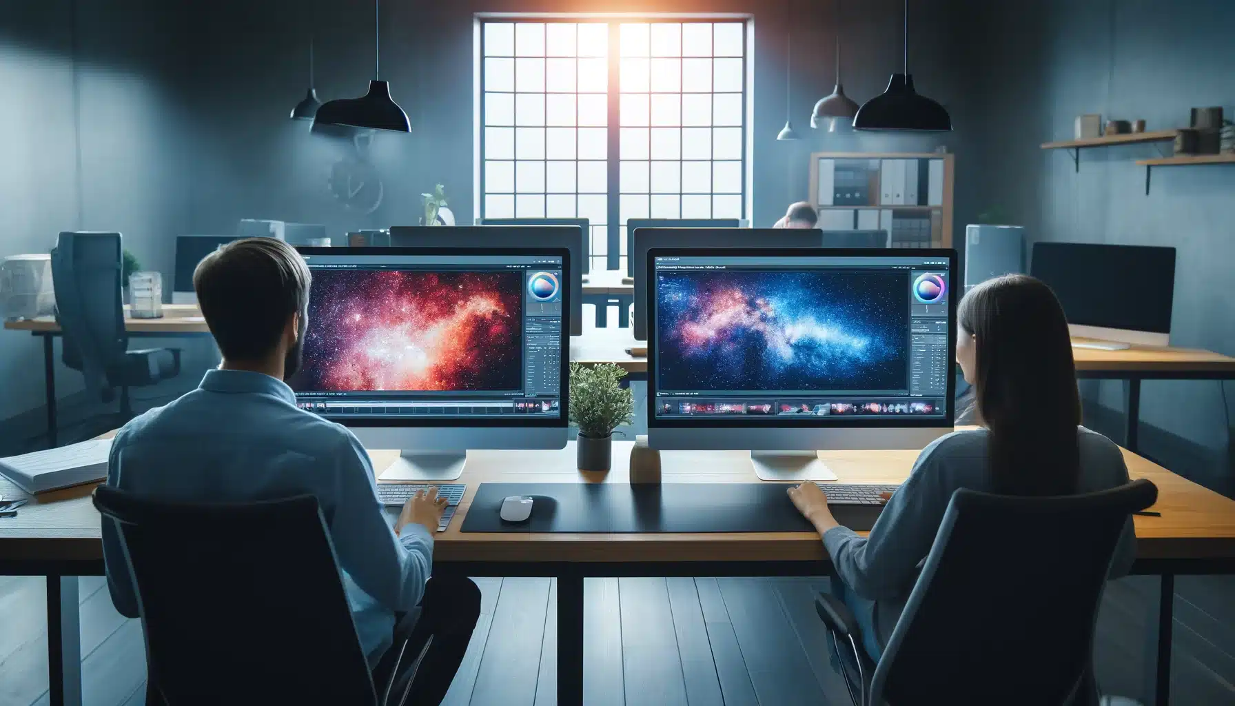 Two professionals editie astro images on desktops in a modern office