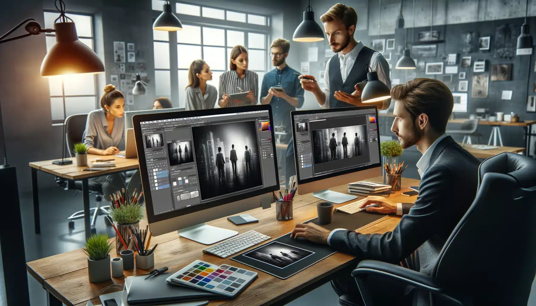 Team of professionals sharpening an image in Photoshop at a digital design studio