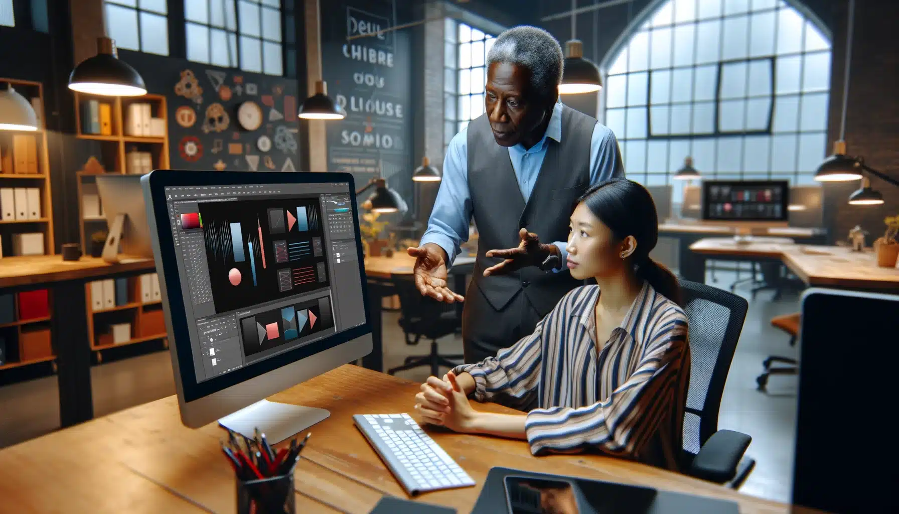 In a modern tech office, a young Asian female adjusts layering on a computer while discussing resizing techniques with a senior Black male colleague.