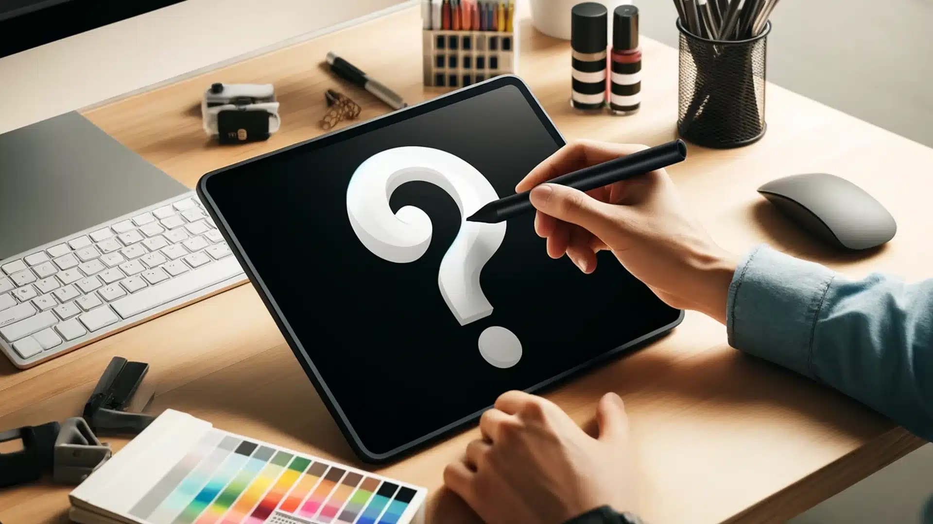 A graphic designer's workspace with a tablet displaying question mark, actively being colored by the designer using a stylus.