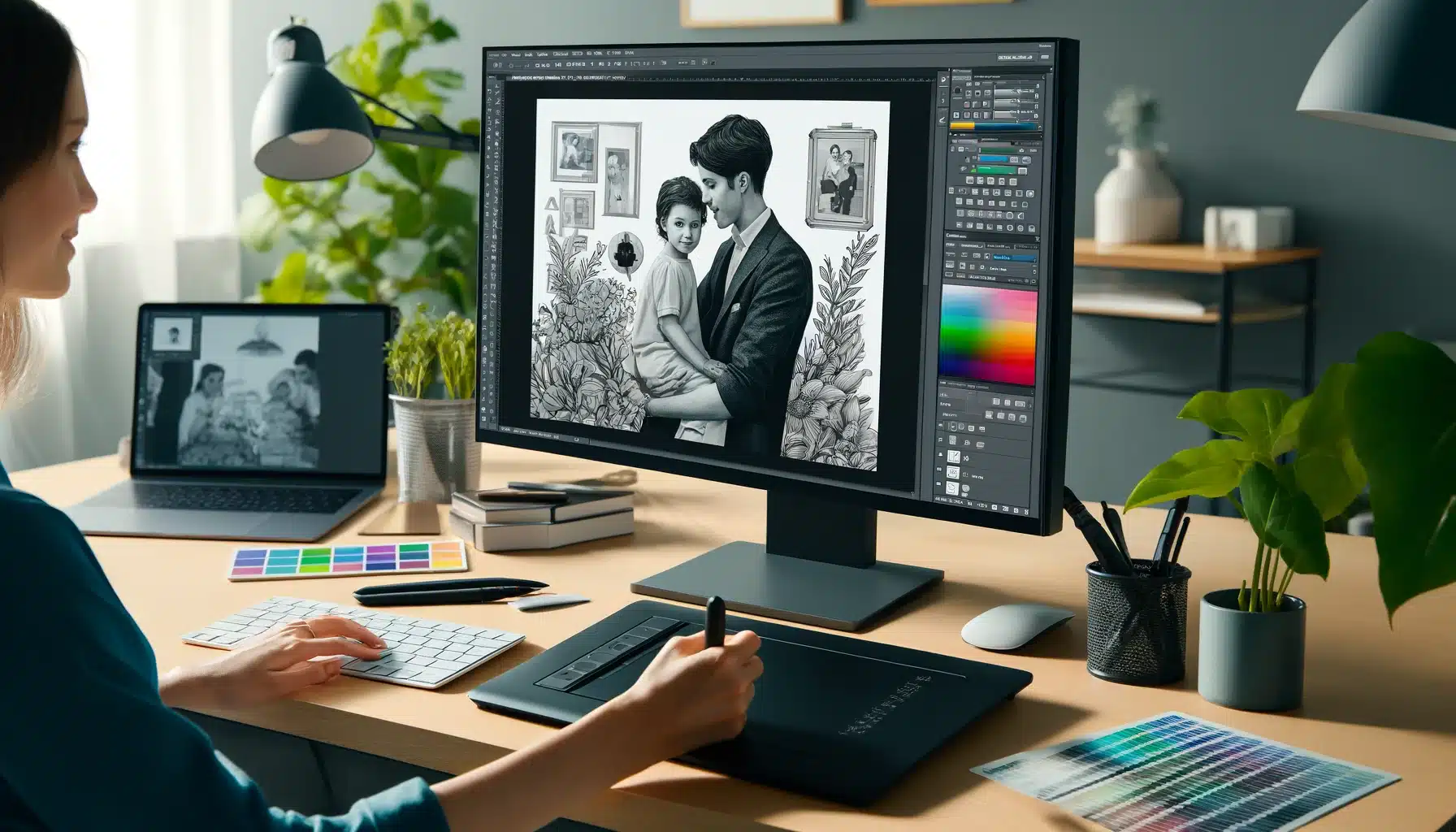 A graphic designer's workspace with a computer screen displaying a Photoshop tutorial on coloring a black and white photo using a drawing tablet, surrounded by various tools and stationery items.