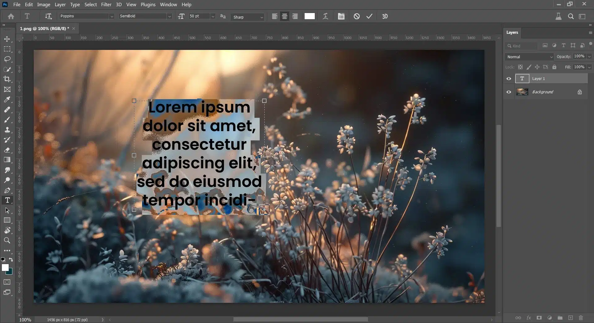 Screenshot of a graphic design interface showing text overlay on an image of small flowers in soft focus with a warm, golden lighting.