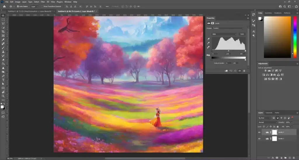 Screenshot of Photoshop with the Levels adjustment panel open, showing a vibrant landscape with colorful trees and fields, demonstrating how to use Photoshop Levels to enhance contrast, correct exposure, adjust color balance, fine-tune midtones, prepare for printing, and increase detail and texture.