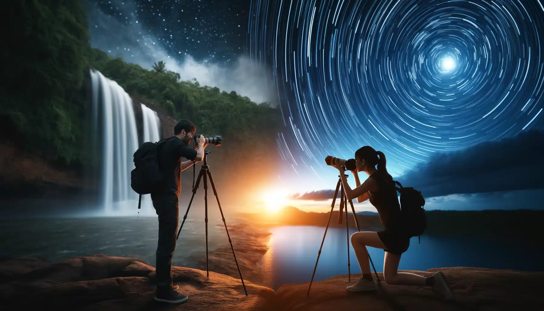 Two people engaged in long exposure landscape photography with cameras on tripods, capturing a waterfall and star trails