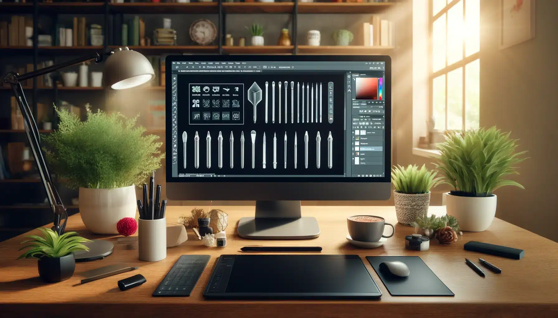 A modern workspace with a high-resolution monitor displaying Photoshop with multiple selection tools active, including the Quick Selection Tool, Magic Wand Tool, and Lasso Tool.
