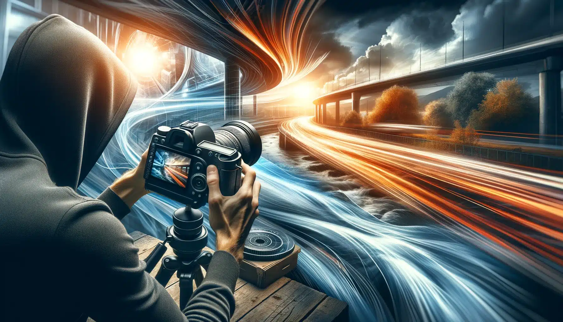 Person comparing the effects of different shutter speeds on a camera with a dynamic background scene