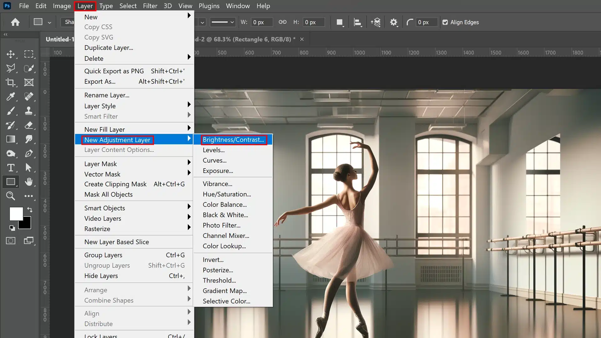 A screenshot of Adobe Photoshop with the Layer menu open and the "New Adjustment Layer" option highlighted. The sub-menu shows the "Brightness/Contrast" option selected. The main workspace displays a photo of a ballerina dancing in a well-lit studio.