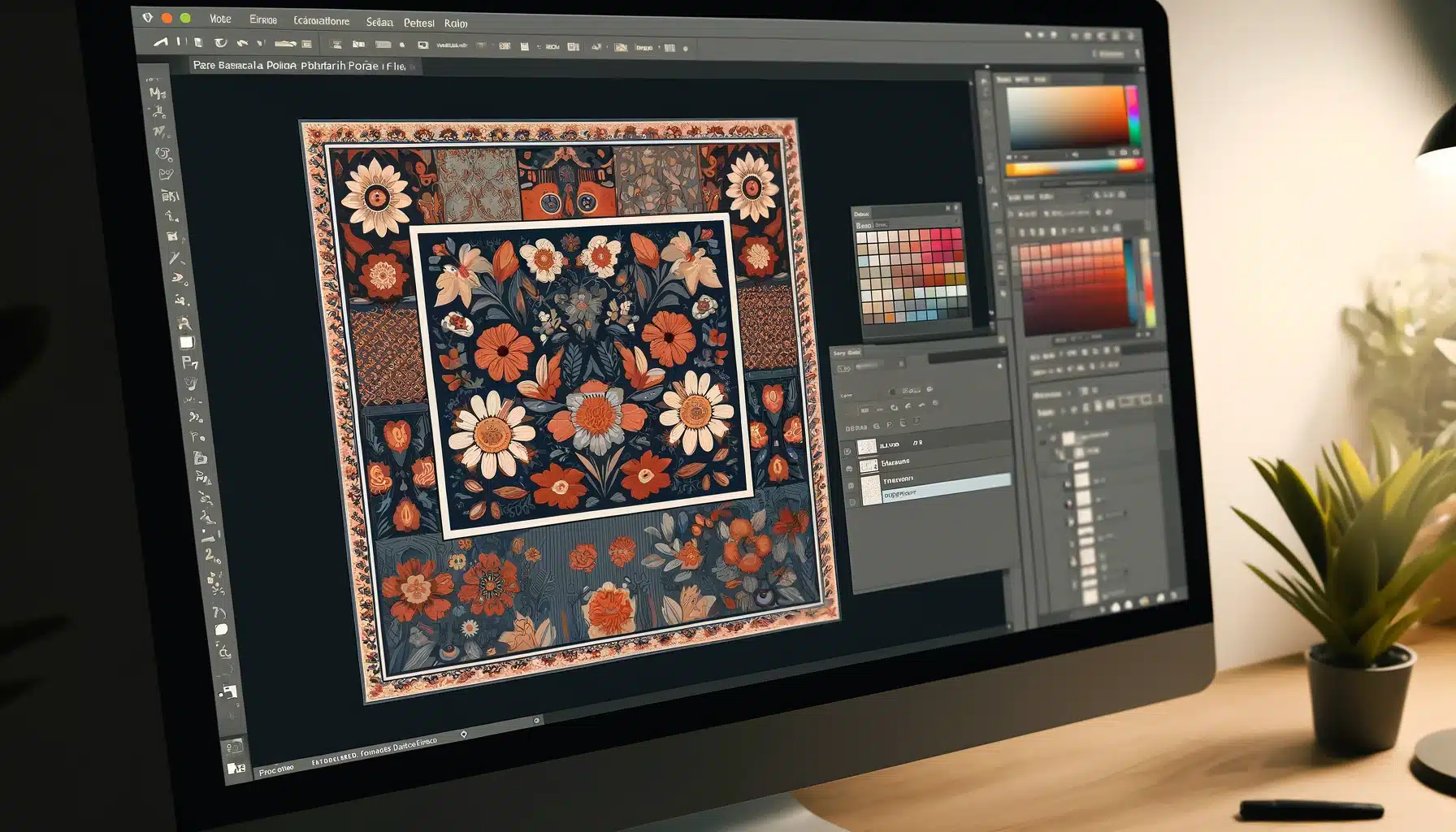 A seamless pattern being created in Photoshop using the Pattern Preview tool, showing a floral design in a grid layout on the screen.