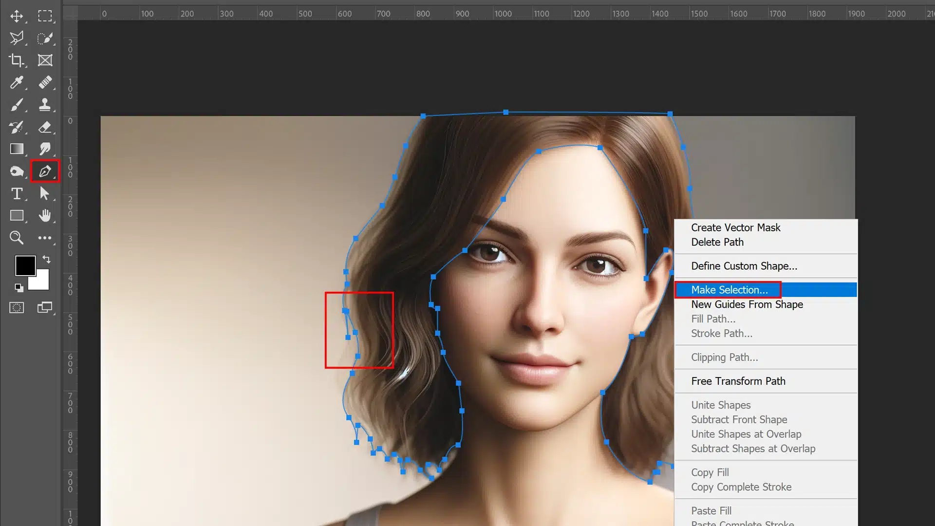 A photo of Adobe Photoshop with a portrait of a woman. The Pen Tool is selected, and a path is drawn around the woman's face. The right-click context menu shows the "Make Selection" option highlighted.