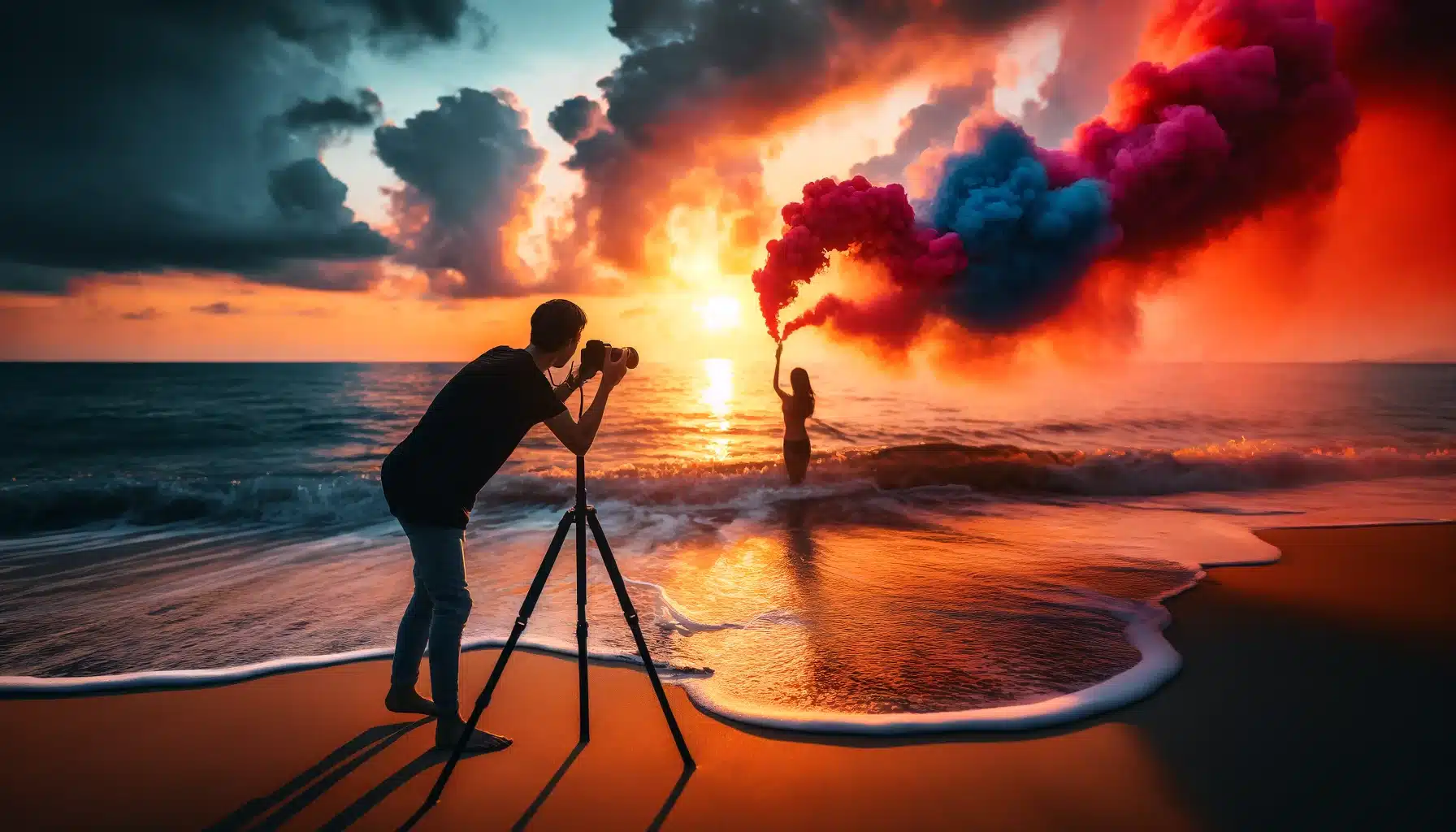 A creative beach photography scene at sunset with a person using a camera on a tripod by the ocean while a girl holds a smoke bomb, dispersing colorful smoke.