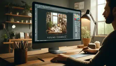 A digital artist working on a computer in a home office, using Photoshop to apply rounded corners to a photo. The room is warmly decorated with plants and artwork, emphasizing a creative and productive workspace.