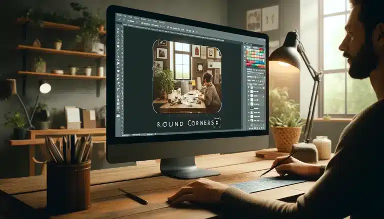 A digital artist working on a computer in a home office, using Photoshop to apply rounded corners to a photo. The room is warmly decorated with plants and artwork, emphasizing a creative and productive workspace.