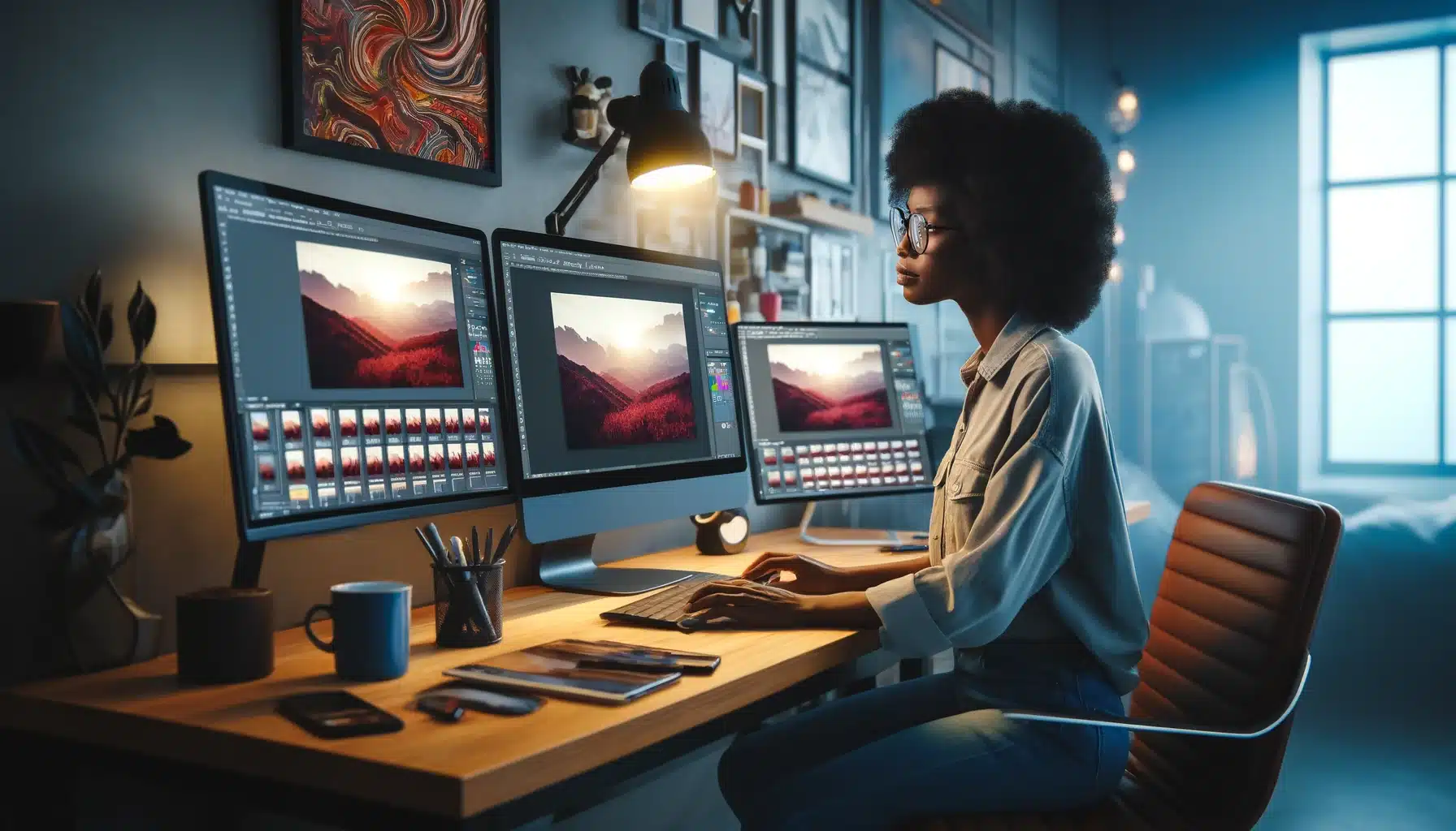 A Black woman in her early thirties, wearing glasses and a stylish outfit, is focused on editing photos on Adobe Photoshop at a modern desk with a triple monitor setup. The room is bright and decorated with abstract art.
