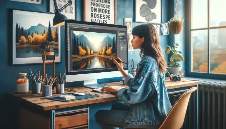 A young woman sits at a desktop in a creatively decorated room, actively resizing a landscape photo in Adobe Photoshop. The computer screen displays the image with prominent resizing handles at the corners and sides, emphasizing the transformation process.