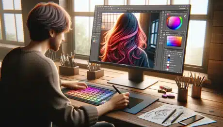 A person working on a computer in a modern graphic design workspace, using Photoshop to change the hair color of a girl on the monitor.