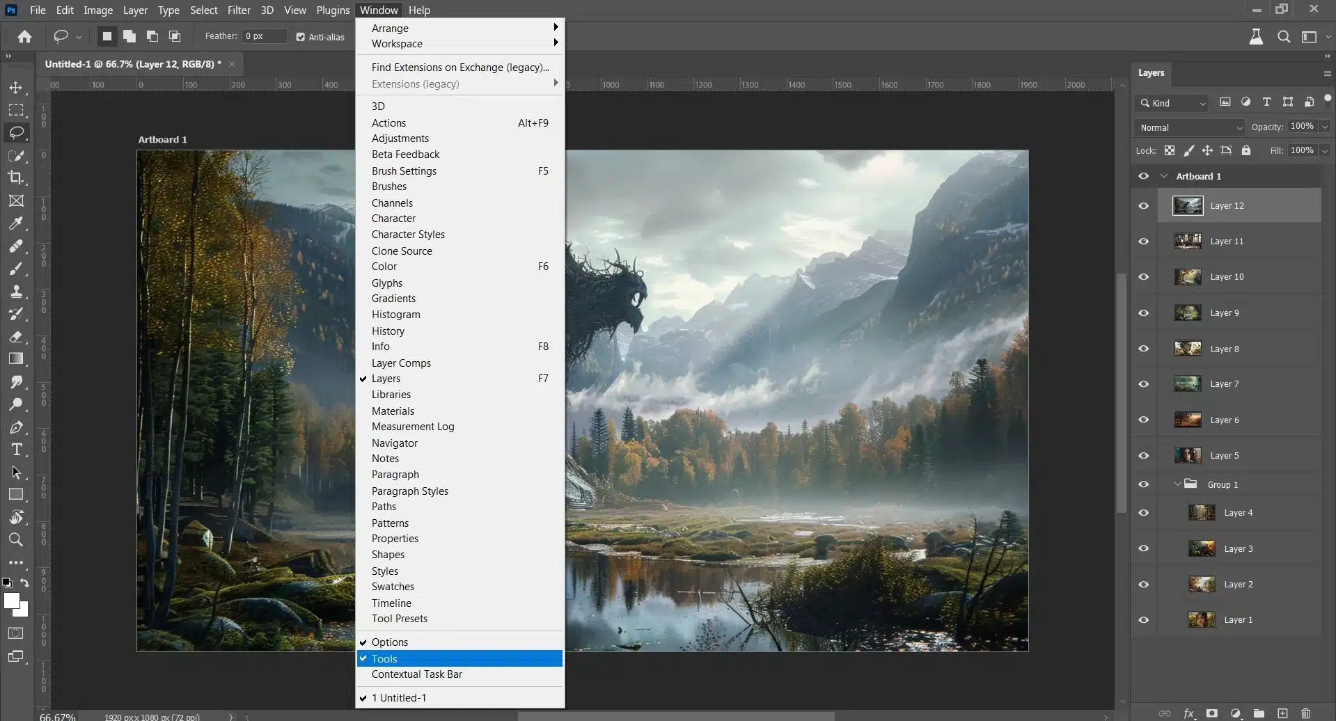 A Photoshop workspace with multiple layers and tools for a detailed digital painting.