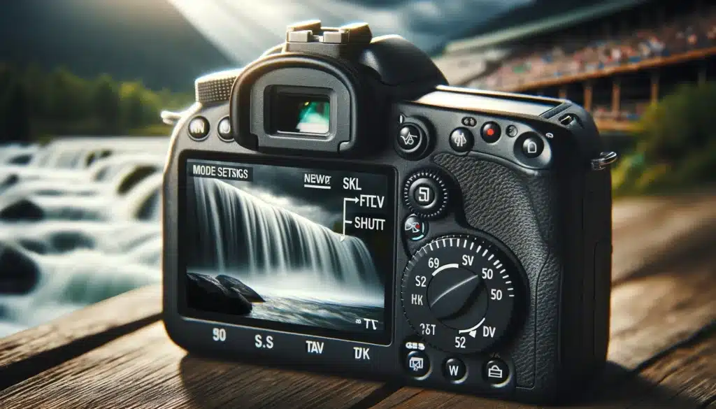 A DSLR camera in shutter priority mode with 'S' and 'TV' highlighted on the mode dial, featuring blurred motion of a waterfall and a sharp image of an athlete in the background.