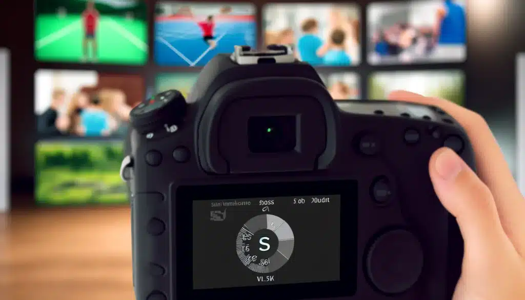 DSLR camera in shutter priority mode with 'S' on the mode dial, displaying scenes of a sports event, wildlife, variable lighting indoors, and creative motion blur effects in the background.