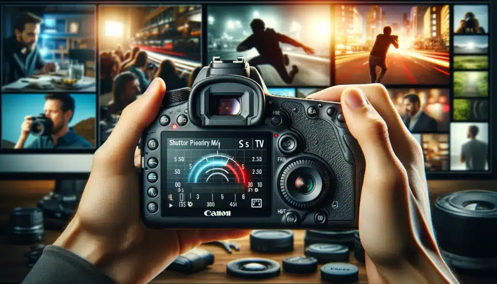 DSLR camera in shutter priority mode with 'S' or 'Tv' on the mode dial, showing a user adjusting settings on a Canon camera and various photography scenarios including a fast-moving object, a low-light scene, and a video filming setup.