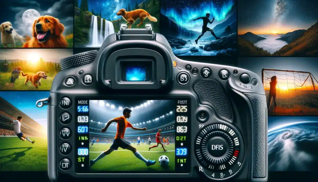 DSLR camera in shutter priority mode with 'S' on the mode dial, displaying scenes of a running dog, a waterfall, a soccer game, and a night sky with star trails in the background