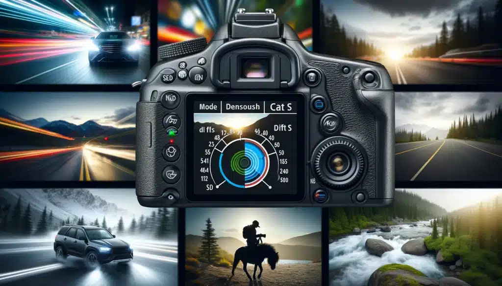 DSLR camera in shutter priority mode with 'S' on the mode dial, displaying scenes of a fast-moving car, a low-light street, a beginner photographer adjusting settings, and wildlife action in the background.