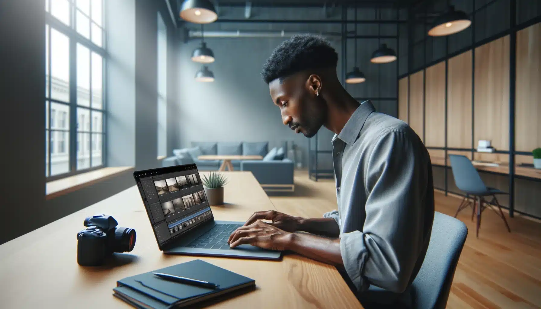 An African American male in his early thirties following tips for lightroom editing on his laptop in a modern office.