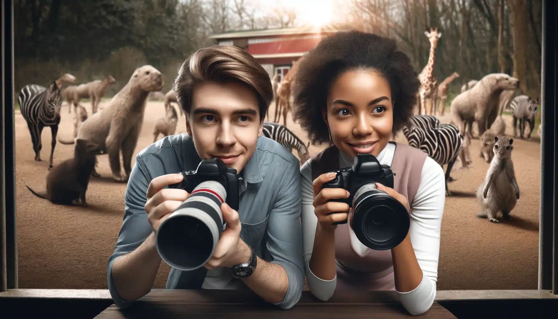 A Caucasian male and an African American female, both photographers in their twenties at a zoo, use different lenses to capture animals, illustrating depth of field with sharp focus on the photographers and a blurred animal background, showcasing focal length and aperture adjustments.