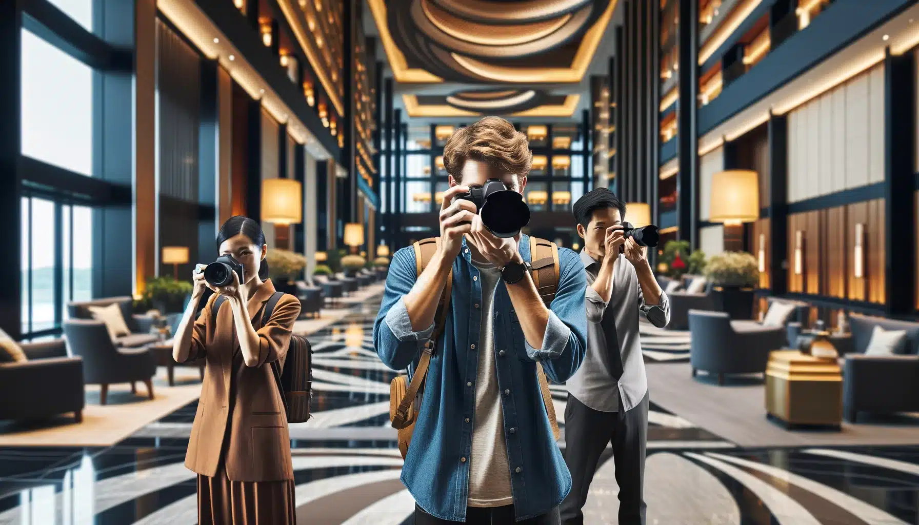 Three photographers—a Caucasian male focusing on architectural details, an African American female capturing artistic decor, and an Asian male photographing ambient lighting in a hotel lobby—demonstrate depth of field, showcasing variations in focal length, aperture size, and focus distance.