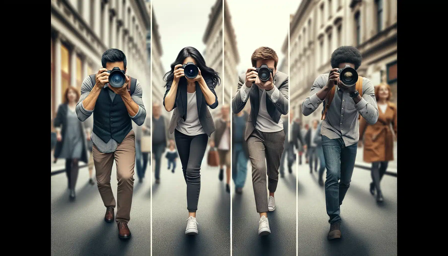 On a busy street, three photographers—a Hispanic female, a Caucasian male, and an African American male—capture images using varied camera settings to demonstrate depth of field, focusing on different distances to showcase focal length, aperture size, and focus depth.